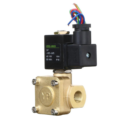 Brass One Quarter Inch Electric Solenoid Valve Built Tough For Water Air Oil, 110 Volt AC Normally Closed, 1.5 Cv Flow, Viton Seal, FNPT Threaded