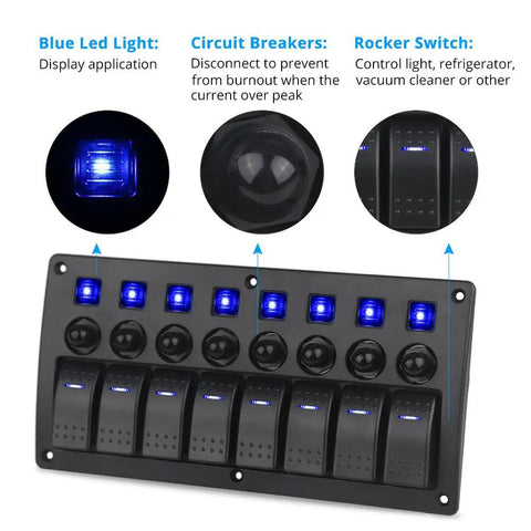 8 Gang Waterproof Toggle Rocker Switch Panel With Blue LED Indicator 12V 24V Marine Grade Circuit Breakers Kit front view