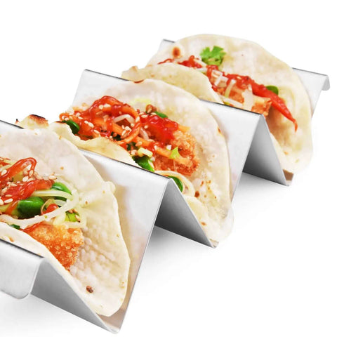 Stainless Steel Taco Holders 4 Pack with filled tacos, durable taco stand rack tray style, oven and dishwasher safe