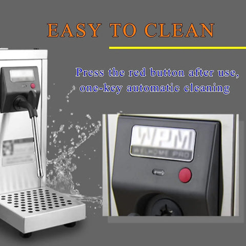 Hassle Free Automatic Espresso Maker With Quick Milk Frother And Programmable Timer Keeps Coffee Warm Solid Silver Design, showcasing one-key automatic cleaning feature.