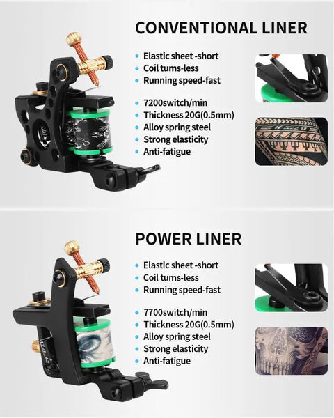 12 Wrap Coil Tattoo Machine Set featuring a conventional liner and power liner, traditional tattoo gun for professional artists