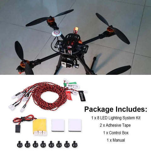 Dope RC Plane LED Light Kit With Navigation Lights And 8 LED Flashing System for airplanes on floor with lighting components