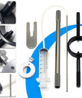 Must Have Motorcycle Fork Service Kit With Oil Level Gauge And Damper Bleed Tool components displayed neatly