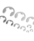 E Clip Washer Kit 120 Piece Stainless Steel M1.5 To M10 External Retaining Rings displayed in various sizes on white surface.