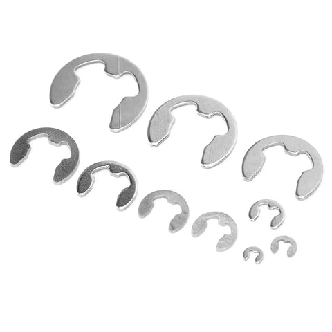 E Clip Washer Kit 120 Piece Stainless Steel M1.5 To M10 External Retaining Rings displayed in various sizes on white surface.