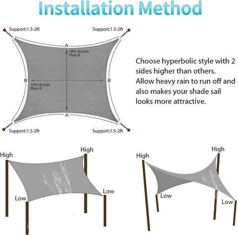 Installation method for Rectangle Sun Shade Sail 10 Feet By 13 Feet With UV Protected Breathable Fabric And Hardware Kit Included