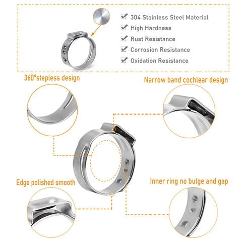 Close-up of 180 Piece Single Ear Hose Clamp Kit With Pincer, 12 Size Crimp Clamps 6.5mm To 33.1mm, 304 Stainless Steel material detail