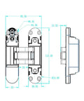 Technical drawing of 180 Degree Zinc Alloy 3D Adjustable Invisible Hidden Door Hinge for Heavy Doors with measurements.