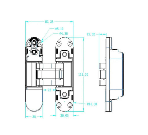 Technical drawing of 180 Degree Zinc Alloy 3D Adjustable Invisible Hidden Door Hinge for Heavy Doors with measurements.