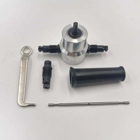 Double Head Metal Nibbler Cutter For Drill with 360 Degree Rotating Cutting Tool, cutter holder, and accessories for sheet metal cutting.