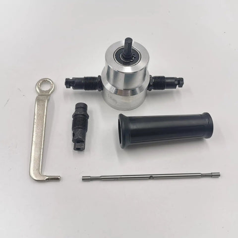 Heavy Duty Electric Sheet Metal Nibbler With Iron Sawer Punching Shears Drill Attachment parts including silver metal and black plastic components.