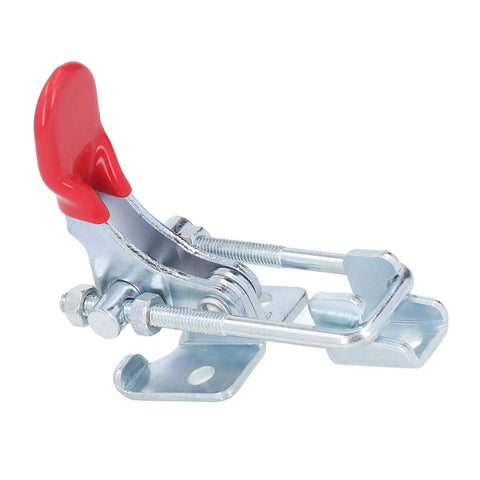 Heavy Duty Toggle Latch Clamp With Adjustable Tension Clasp For Woodworking And Cabinets Offers Insane 320KG Holding Capacity Made From Hot Rolled Steel In Sleek Red And Silver Color, red handle view