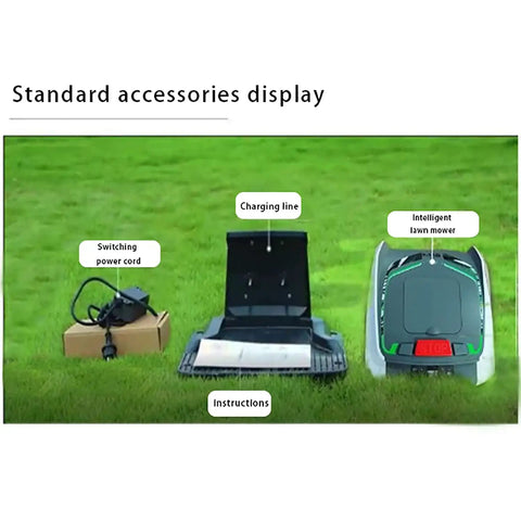 Smart Auto Lawn Robot Mower with standard accessories including charging line and power cord on grass, for yard care.