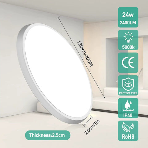 Motion Sensor LED Ceiling Light 12 Inch Flush Mount 24W Daylight Sensor with Auto On, wall-mounted view showing features.