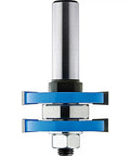 Pro Shop Grade Tongue And Groove Router Bit Set For Three Quarter Inch Stock Three Eighths Inch Groove Depth One Quarter Inch Shank Ball Bearing Guide Includes Arbor Two Cutters Two 22mm Bearings And Shim Pack, close-up of assembled tool with blue cutters