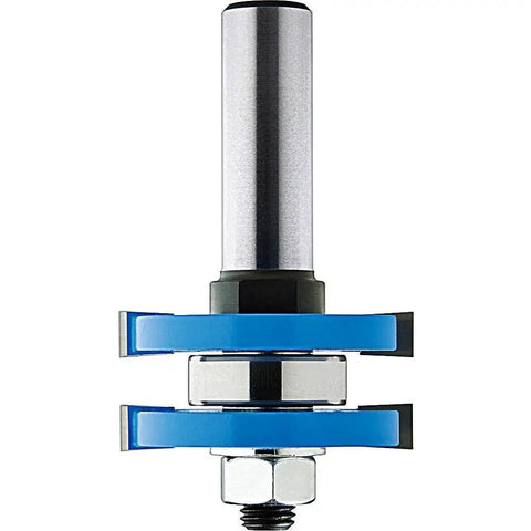 Pro Shop Grade Tongue And Groove Router Bit Set For Three Quarter Inch Stock Three Eighths Inch Groove Depth One Quarter Inch Shank Ball Bearing Guide Includes Arbor Two Cutters Two 22mm Bearings And Shim Pack, close-up of assembled tool with blue cutters