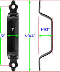 Black Decorative Six Inch Pressed Steel Gate Handle With Seven Sixteenth Inch Hex Head Mounting Screws For Wood Gates Easy To Install And Rust Resistant Gate Hardware shown with dimensions.