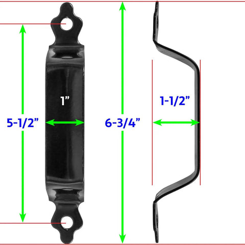 Black Decorative Six Inch Pressed Steel Gate Handle With Seven Sixteenth Inch Hex Head Mounting Screws For Wood Gates Easy To Install And Rust Resistant Gate Hardware shown with dimensions.