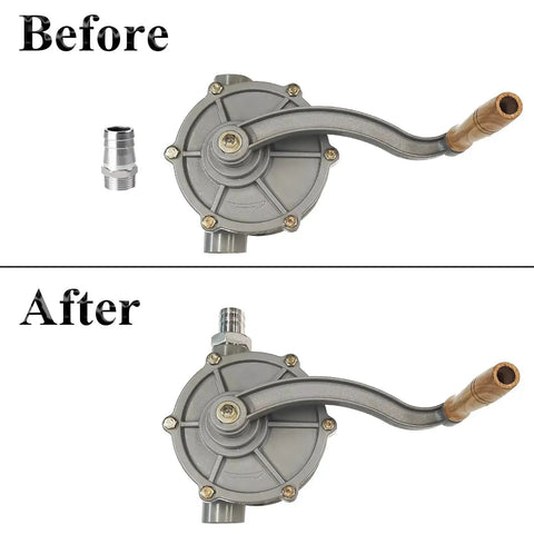Before and after Rotary Hand Gas And Diesel Transfer Pump For 30 35 40 Gallon Drums Aluminum Drum Pump With Easy Grip Handle No Spill Inlet One And A Quarter Inch Outlet One Inch showing fitted outlet adapter