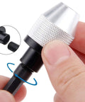 Person attaching Set Of 2 Keyless Drill Chuck Adapters With Quarter Inch Hex Shank Quick Change Converter For Impact Drills.