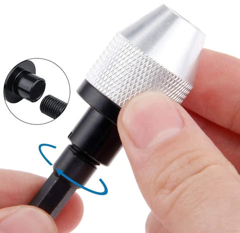 Person attaching Set Of 2 Keyless Drill Chuck Adapters With Quarter Inch Hex Shank Quick Change Converter For Impact Drills.