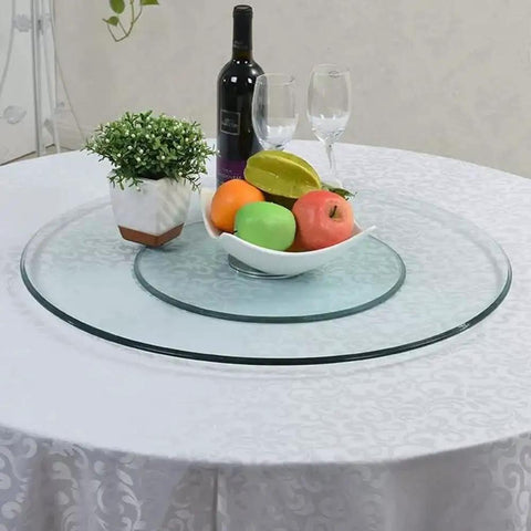 Heavy Duty Turntable Lazy Susan Tempered Glass Serving Tray on dining table with fruit and wine