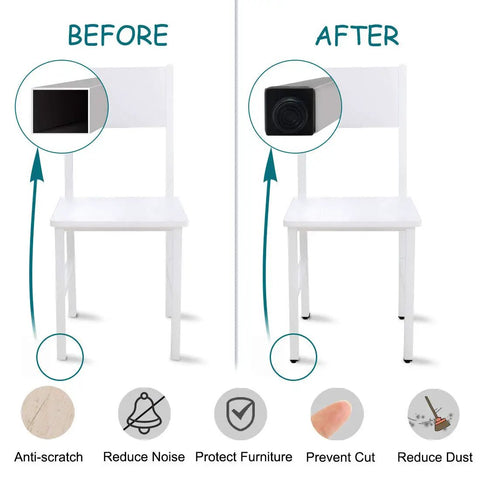 Illustration showing before and after using Square Adjustable Furniture Leveling Feet Inserts 50x50mm Four Pack for stable leveling