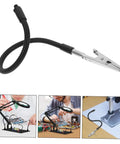 Six Piece Soldering Arm Set With Flexible Clamp Holder For Welding Clamps And Magnifying Glass Lamps, Easy Adjustment, Rugged Pro Grade Fixture For Precise Soldering And Hands Free Work On Circuit Boards shown in various uses.