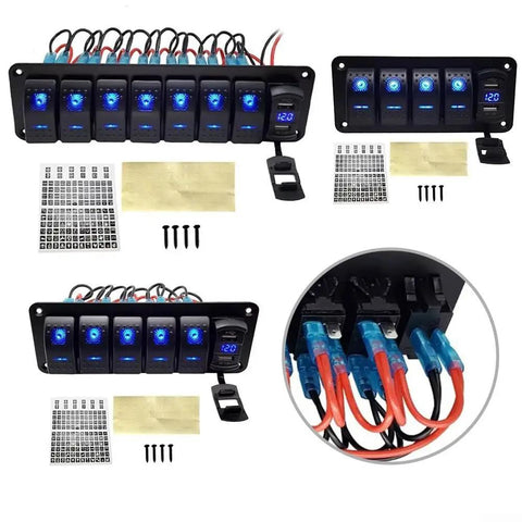 Heavy Duty Waterproof Rocker Switch Panel 5 6 8 Gang With LED Lights And Voltmeter for Marine Vehicles, wiring detail shown