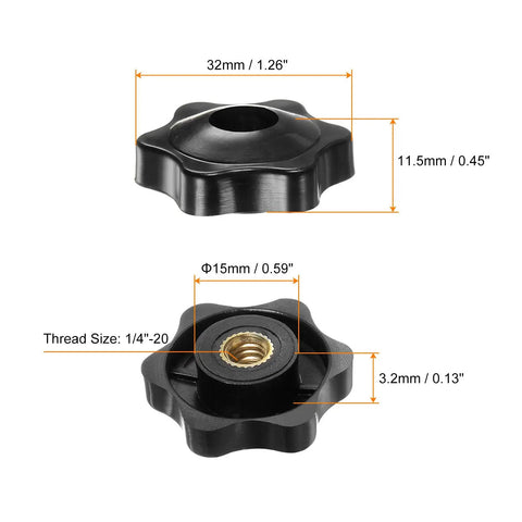 Ten Pack Star Knobs That Grip Like A Boss Quarter Inch Twenty Female Thread, 32mm Head, Plastic Through Hole With Brass Insert