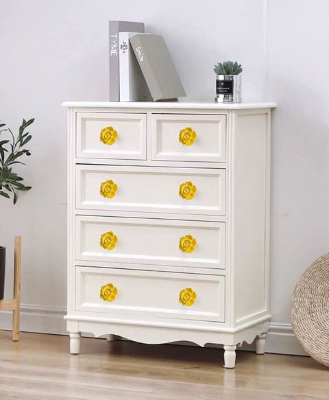 Top Shelf Floral Ceramic Knobs With Heavy Duty Zinc Alloy Drawer Pulls Boasting Dang Sweet Rose Cabinet Handles on white dresser.