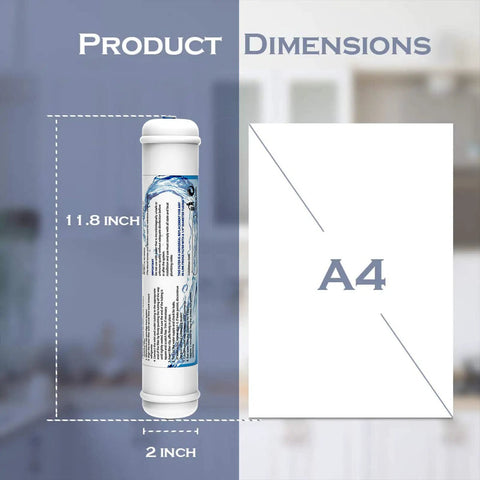 Kickass Two Pack Inline Water Filter One Quarter Inch Quick Connect Coconut Activated Carbon Block dimensions shown 11.8 x 2 inches.