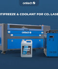 Heavy Duty Industrial Water Chiller With Co2 Laser Coolant Fluid Rock Solid Six Liter Tank Built Damn Tough For Laser Engraving Machines And Cutters next to a gallon of laser coolant.