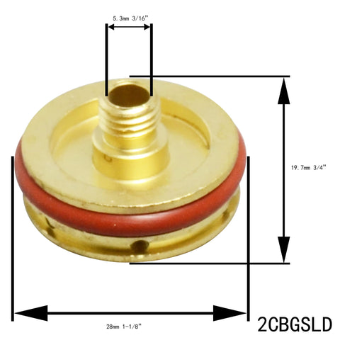 Pro-Grade TIG Welding Torch Spare Parts Kit collet body 2CGBSLD with dimensions for SR WP 9 20 series, gold material.
