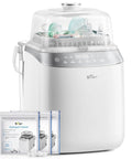Bear Bottle Washer Pro white baby bottle sterilizer and dryer with clear lid; includes 3 detergent tablet packs.