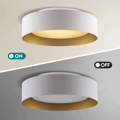 Flush Mount Ceiling Light 15.7 Inch With Opal White Glass Shade, Matte White Aluminum Fixture For Bedroom, light on and off view.