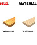 Two wood samples labeled hardwoods and softwoods under 'Materials' with Freud logo, showing wood grain details.