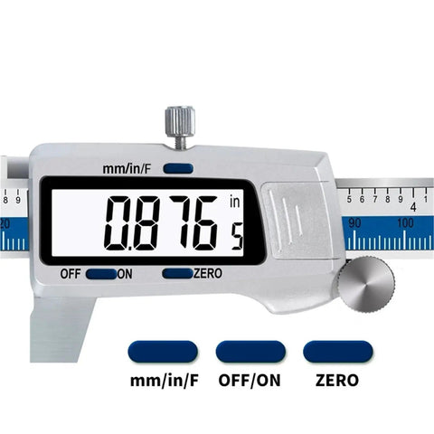0.01mm Digital Caliper 150mm 6 Inch Stainless Steel showing LCD display with measurements and control buttons.