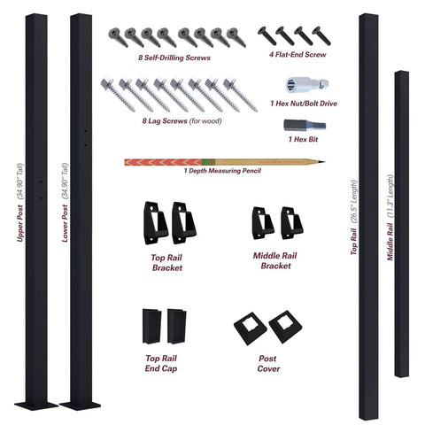 Fence And Rail Handrail Kit For Outdoor Steps And Indoor Stair Railing 1-2 Step Safety Hand Rail For Porch And Deck With 2x 36 Inch Posts, 26 Inch Top Rail, 12 Inch Middle Rail And All Mounting Hardware