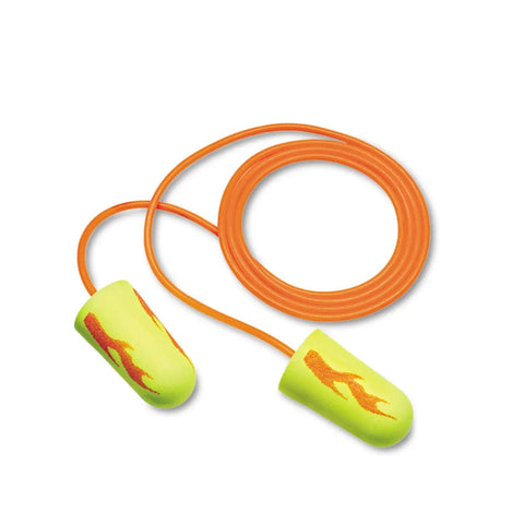 Neon Yellow Foam Ear Plugs Pack Of 200 For Loud Work All Day Comfort Corded Disposable Hearing Protection NRR 33 dB Ideal For Drilling Grinding