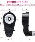 Side and front view of High Speed 12V RS550 Motor Gearbox Pair For Kids Ride On Cars Jeeps ATVs Trucks SUVs 40000RPM Replacement Upgrade Fits Most 12V Electric Vehicles And Ride On Toys, showing dimensions and design details.
