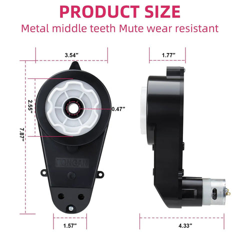 Side and front view of High Speed 12V RS550 Motor Gearbox Pair For Kids Ride On Cars Jeeps ATVs Trucks SUVs 40000RPM Replacement Upgrade Fits Most 12V Electric Vehicles And Ride On Toys, showing dimensions and design details.