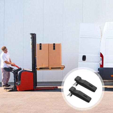 2 Pack Flexible Over-Center Rubber Draw Latch Locks for Electrical Cabinets and Machinery, shown near forklift and boxes