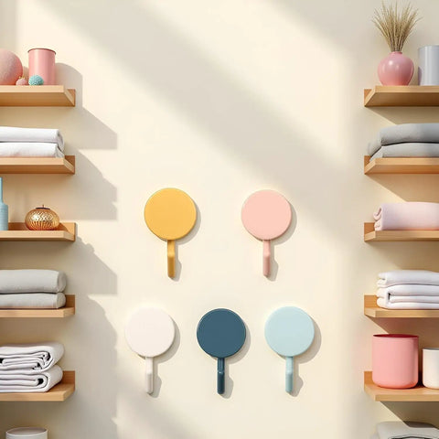 Set Of Ten Peel And Stick Wall Hooks Featuring Strong Adhesive Grip Easy Peasy Peel Backing For Bathroom Organization decorative pastel colors on a smooth wall.