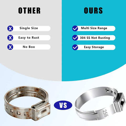 Comparison of rusted single size hose clamp and 370 Piece 16 Size Single Ear Hose Clamps Set 5.3 To 36.1 mm 304 stainless steel clamp.