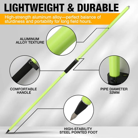Rock Solid Aluminum Survey Pole Six Point Five Foot Long Rugged GPS Rover Rod showing aluminum texture and comfortable handle.