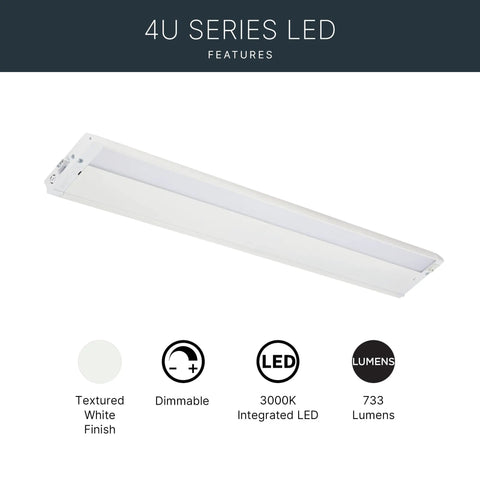 4U Series 30 Inch LED Under Cabinet Light 120V White 3000K Diffused Task Lighting For Kitchens, textured finish, dimmable