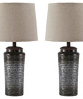Modern Table Lamp Set, 2 Pack With Galvanized Metal Base And Ombre Fabric Shade, Dark Gray Finish, On Off Switch, Ideal For Nightstand