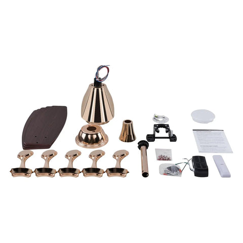 Ceiling Fan with Built-in Light and Handheld Switch, 5 Blades, Modern assembly parts including blades, light fixture, and remote.
