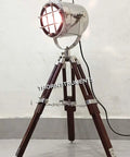 Vintage Spotlight Tripod Table Lamp With Rustic Wooden Tripod Stand, Adjustable Desk Light, 22 Inch Tall, Aluminum Head 6x4.5 Inch, 3W LED